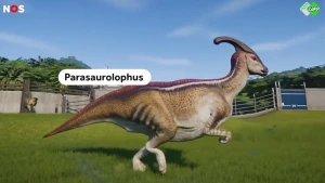 Een animatie van een dinosaurus, in tekst staat erbij Parasaurolophus.