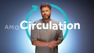 Foto van presentator Emil voor blauwe muur met een ronde pijl achter zich en de tekst AMO Circulation voor zich.