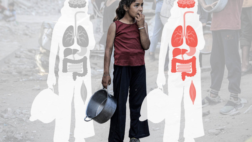 Meisje in Gaza heeft een pan in haar handen. Naast haar twee silhouetten met daarin ingewanden te zien. 