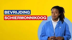 Foto van presentatrice Eva Cleven voor een geel scherm met in blauw en rood de tekst 'bevrijding Schiermonnikoog'.