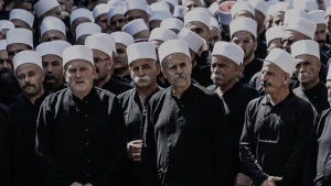 Foto van een groep Druzen-mannen met witte hoofdkappen.