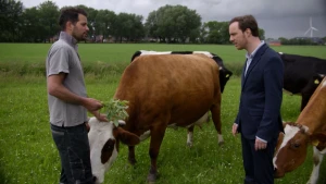 Een foto van presentator Pieter in een wei met nog een man die groene blaadjes in zn hand houdt, in de wei staan ook 3 koeien.