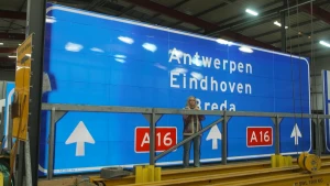 Een foto van een groot blauw bord in een fabriekshal dat normaal boven de snelweg hangt. Erop staat Antwerpen, Eindhoven, Breda rechtdoor. Ervoor staat Janouk, het bord is twee keer zo hoog als zij.