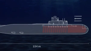 Getekende dwarsdoorsnede van de duikboor de Koersk.