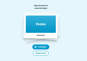 Een illustratie van een stapel kaarten, op de bovenste staat 'pesten' en kaart omdraaien.
