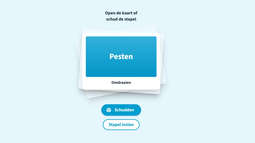 Een illustratie van een stapel kaarten, op de bovenste staat 'pesten' en kaart omdraaien.