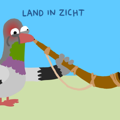 Illustratie van duif die op midwinterhoorn blaast.