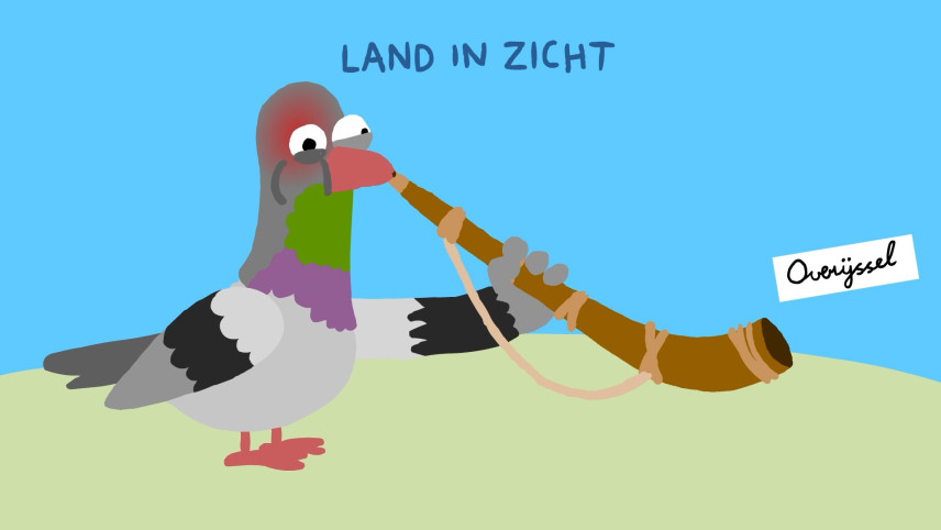 Illustratie van duif die op midwinterhoorn blaast.