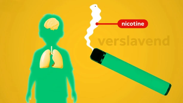 Illustratie van poppetje met ernaast een vape met de tekst 'nicotine' en 'verslavend'.