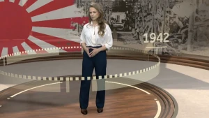 Foto van presentator voor een Japanse oorlogsvlag en het jaar 1942 in beeld.