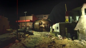 Donkere straat en daar ligt een enorme man in te slapen. 