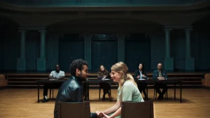 Twee acteurs zitten op stoelen onderin beeld naast elkaar en houden elkaars handen vast. Erachter is een jury te zien die ernaar kijkt