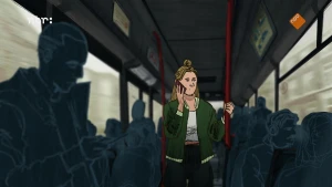 Animatietekening van meisje in bus. Ze staat, houdt een paal vast en belt.