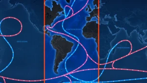 Wereldkaart met daarop aangegeven de koude en warme golfstromen in de Atlantische Oceaan.