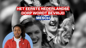 Zwartwitbeelden van blije mensen tijdens de bevrijding van het Limburgse dorp Mesch met daarvoor een kader met presentatrice Eva.
