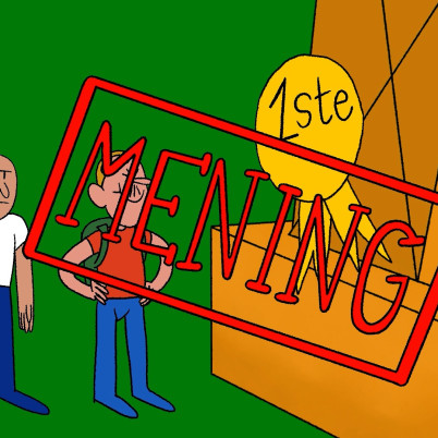 Illustratie van poppetjes bij Eiffeltoren en het opschrift 'mening'.