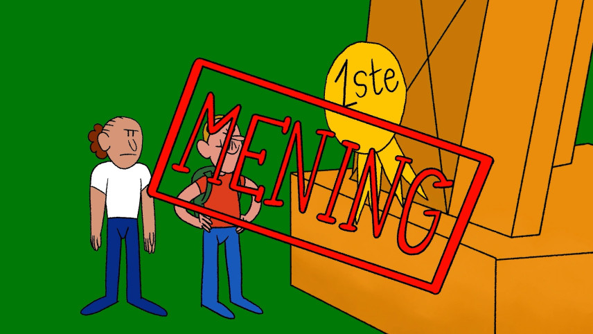 Illustratie van poppetjes bij Eiffeltoren en het opschrift 'mening'.