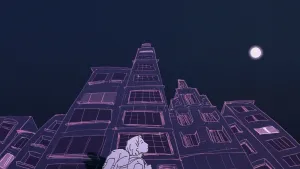 Een illustratie van een jonge vrouw met een backpack die 's nachts in een stad langs hoge gebouwen loopt. De volle maan staat aan de hemel, ze kijkt omhoog naar de maan.