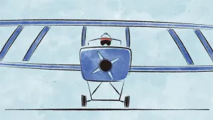 Een illustratie van een blauw propellorvliegtuig. In het vliegtuig zit iemand met een grote pilotenbril en een muts op.