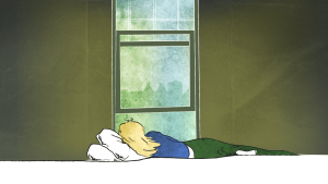 Een illustratie van een blonde vrouw die uit het raam ligt te kijken op een stapel kussens, van binnen uit gezien. Buiten is een silhouet van Amsterdamse huisjes te zien.