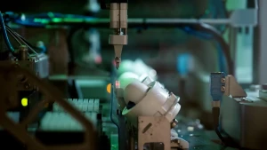 Foto van eieren in machine die met naald in het ei prikt om te testen of het een haantje of hennetje is.