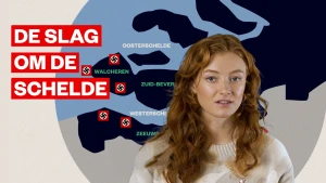 Foto van zangeres Froukje voor een grafische kaart van Zeeland, waarop met swastika's is aangegeven welke delen in handen zijn van de Nazi's tijdens de Tweede Wereldoorlog. Eroverheen in grote letters de tekst 'De slag om de Schelde'.