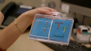 Foto van hand die doorzichtig koffertje vasthoudt waarin verschillende spiraaltjes liggen.