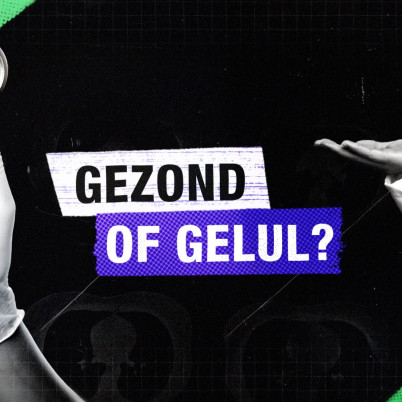 Afbeelding van logo Gezond of gelul met hand met stethoscoop en deel van vrouw in witte doktersjas.