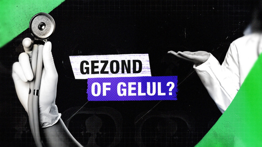 Afbeelding van logo Gezond of gelul met hand met stethoscoop en deel van vrouw in witte doktersjas.
