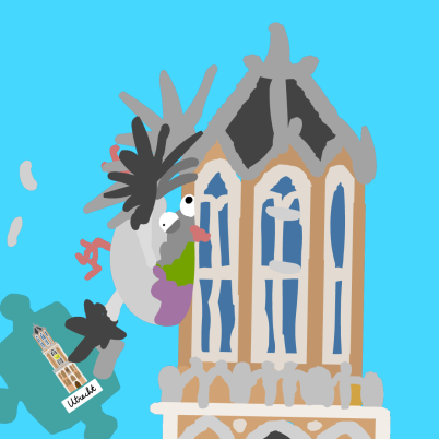 Een tekening van een duif die tegen de Domtoren aan vliegt. Hij heeft een puzzelstukje in ziijn poot met daarop een afbeelding van de Domtoren, eronder staat de tekst Utrecht.