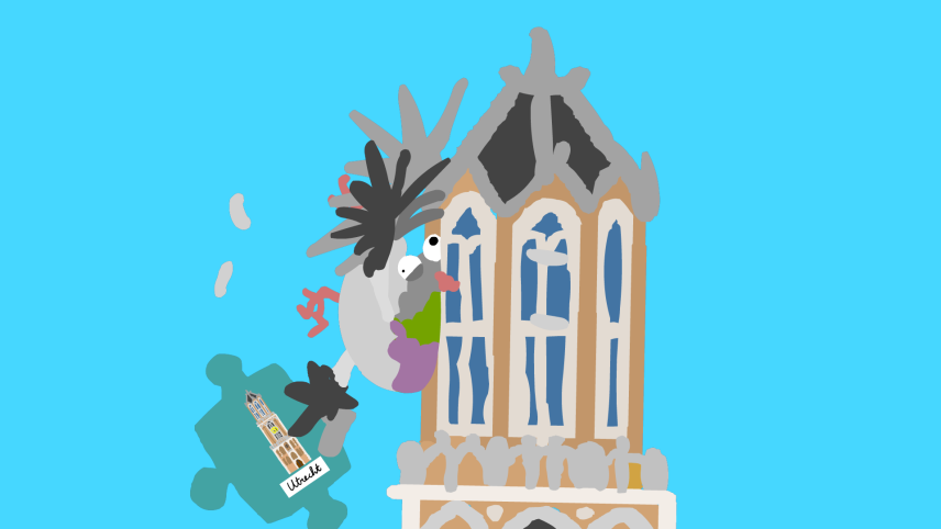 Een tekening van een duif die tegen de Domtoren aan vliegt. Hij heeft een puzzelstukje in ziijn poot met daarop een afbeelding van de Domtoren, eronder staat de tekst Utrecht.