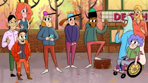 Illustratie van schoolplein met diverse kinderen en mensen, verschillende huidskleuren, iemand met een hoofddoek, iemand in een rolstoel, iemand met vitiligo, iemand met rood haar etc.