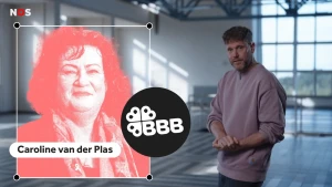 Een foto van presentator Emil naast een foto van Caroline van der Plas. Daarbij staat het logo van de politieke partij BBB, dat op een klavertjevier lijkt met de letters BBB.
