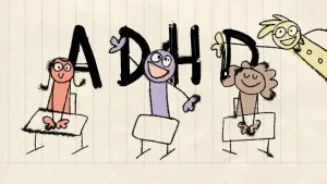 Illustratie van drie kinderen achter tafeltje en een vierde die het beeld in kijkt. Achter hen in zwarte koeienletters ADHD.
