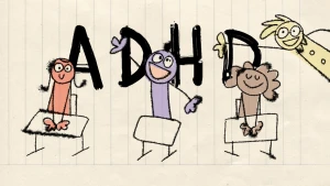 Illustratie van drie kinderen achter tafeltje en een vierde die het beeld in kijkt. Achter hen in zwarte koeienletters ADHD.