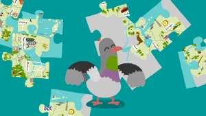 Een tekening van een dansende duif. Op de achtergrond zijn puzzelstukjes te zien van een puzzel van Nederland. Op de puzzelstukjes staan kenmerken van Nederlandse provincies getekend, zoals grachtenpanden en een Limburgse vlaai.