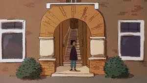 Een illustratie van een jonge vrouw die voor een portiektrap in een stad staat. Bovenaan de trap is de voordeur van een huis. Ze kijkt achterom naar de straat.