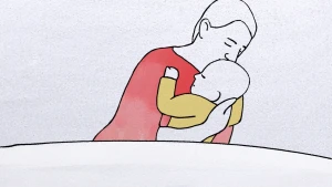 Een illustratie van een ouder die een baby liefdevol vasthoudt en buigt om het kind neer te leggen.