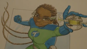 Een foto van een illustratie van presentatrice Tirsa als superheld. Ze steekt een metalen appel in de lucht. Er komt groene straling uit. Ze draagt een röntgenbril en een strak superheldenpak.