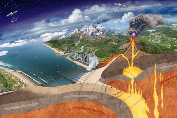 Illustratie van denkbeelding landschap waar aardbevingen en tsunami's plaatsvinden en gebergten en vulkanen te zien zijn.