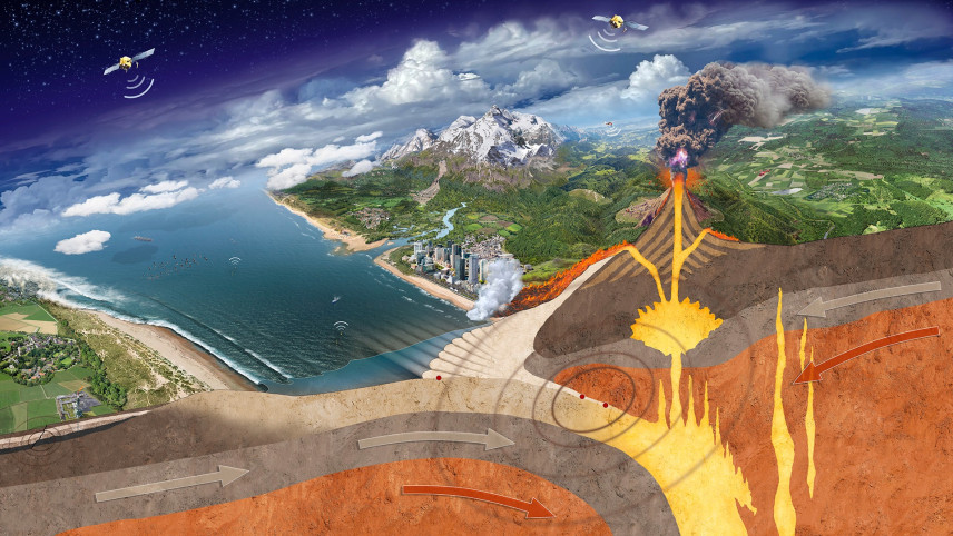 Illustratie van denkbeelding landschap waar aardbevingen en tsunami's plaatsvinden en gebergten en vulkanen te zien zijn.