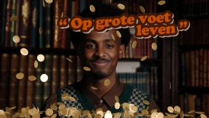 Foto van presentator voor boekenkast, er vallen gouden muntjes naar beneden en de tekst 'op grote voet leven' staat ervoor.