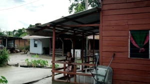 Er is een meisje van ongeveer 7 jaar oud te zien. Ze leunt over de veranda van een houten huis heen.