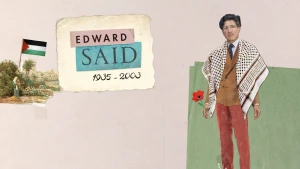 Een illustratie van Edward Said met de tekst 'Edward Said 1935-2003' en verwijzingen naar zijn Palestijnse achtergrond door middel van een Palestijnse vlag en keffiyeh.