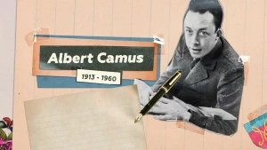 Illustratie van Albert Camus met een zwart witte foto van hem met een tekst erbij: 'Albert Camus, 1913-1960')