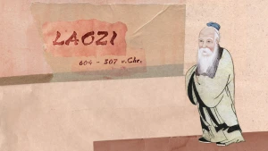 Illustratie van Laozi met een illustratie van hem met een tekst erbij: 'Laozi, 604 - 507 v. Chr.'