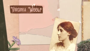 Scrapbookachtig boek met daarin een zwartwitfoto van Virigina Woolf, vrouw met slank gezicht en bruin haar naar achter in een knot.