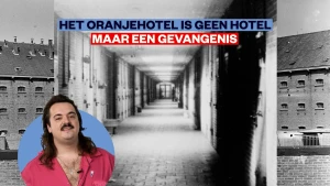 Zwartwitbeelden van interieur en exterieur van het Oranjehotel in Scheveningen met de tekst 'het ornajehotel is geen hotel maar een gevangenis'.