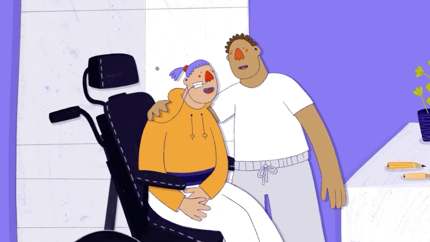 Illustratie van meisje met spierziekte in rolstoel, jongen slaat zijn arm om haar schouder.