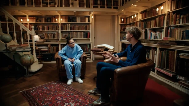 Twee jongens zitten in een bibliotheek.